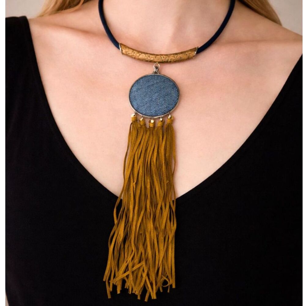 Chico's Denim Disc Fringe Tassel Necklace Cork Bar Boho Statement